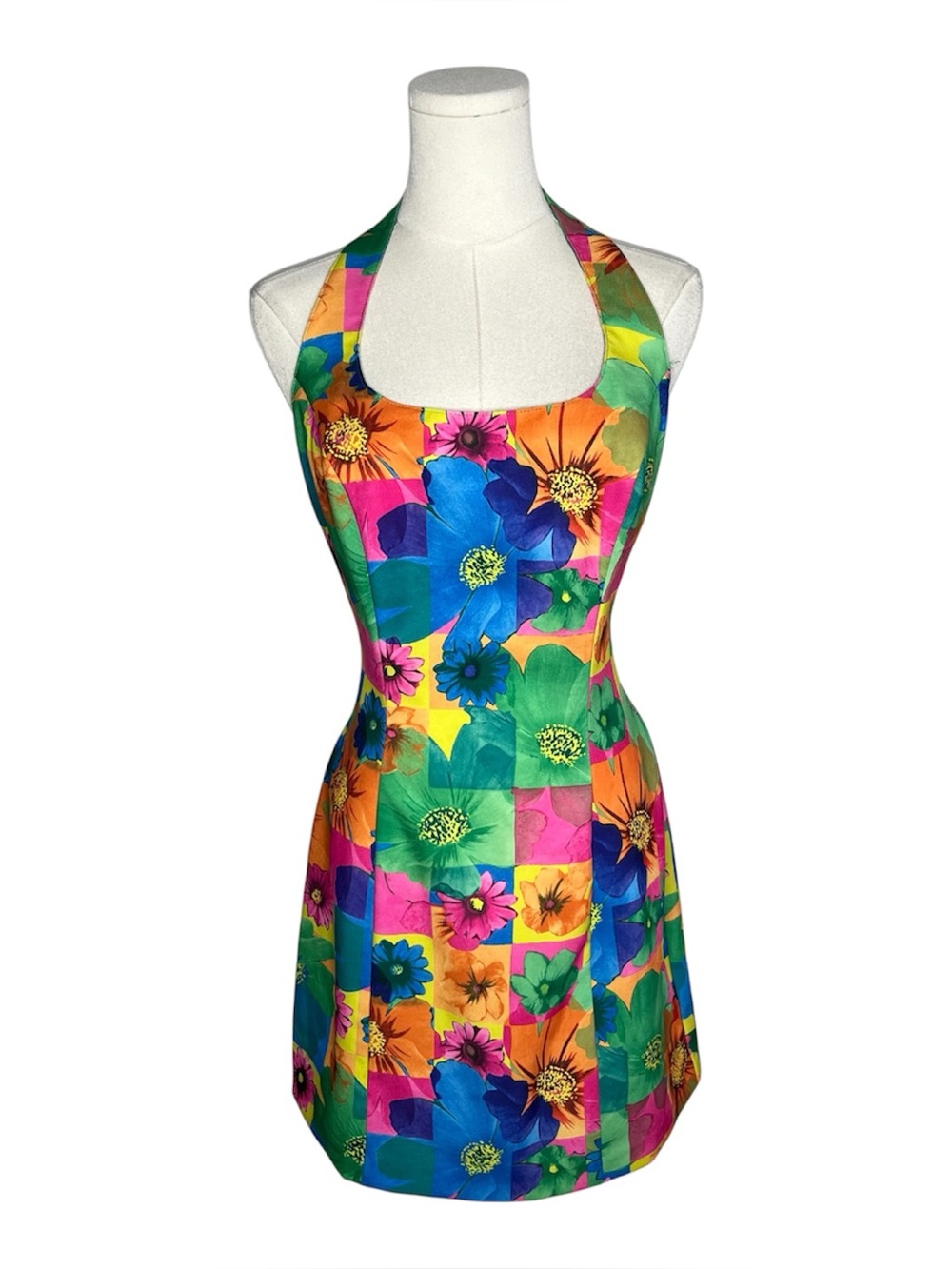 90s Vintage XOXO Multicolor Check Large Floral Print Halter Fitted Mini Dress - Picture 1 of 9